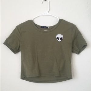 Olive Green Alien Cropped T-shirt